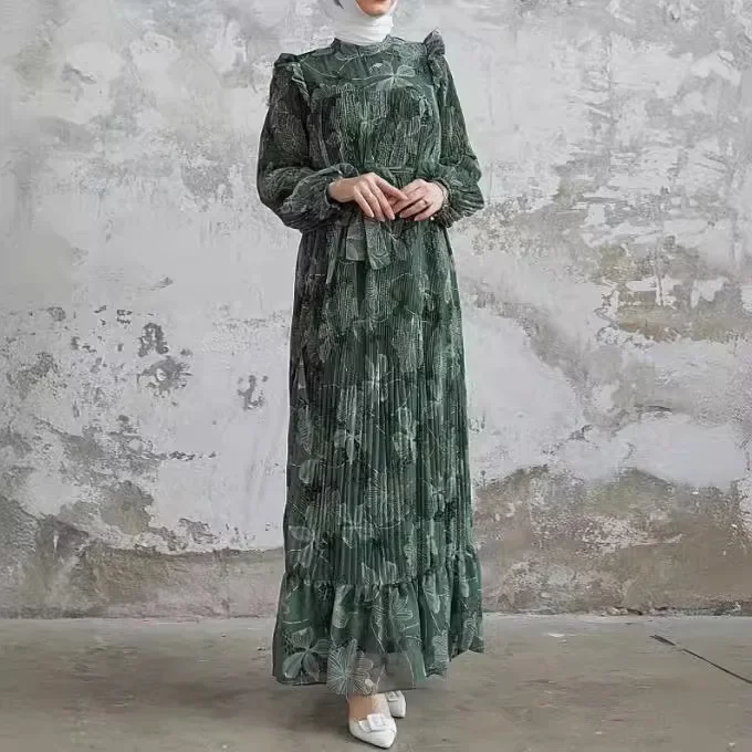 Elegance Islam Dress for Women Chiffon Pressed Flowers Abayas for Women Fashion Lace-up Kaftan Muslim Dress Women Abaya Dubai