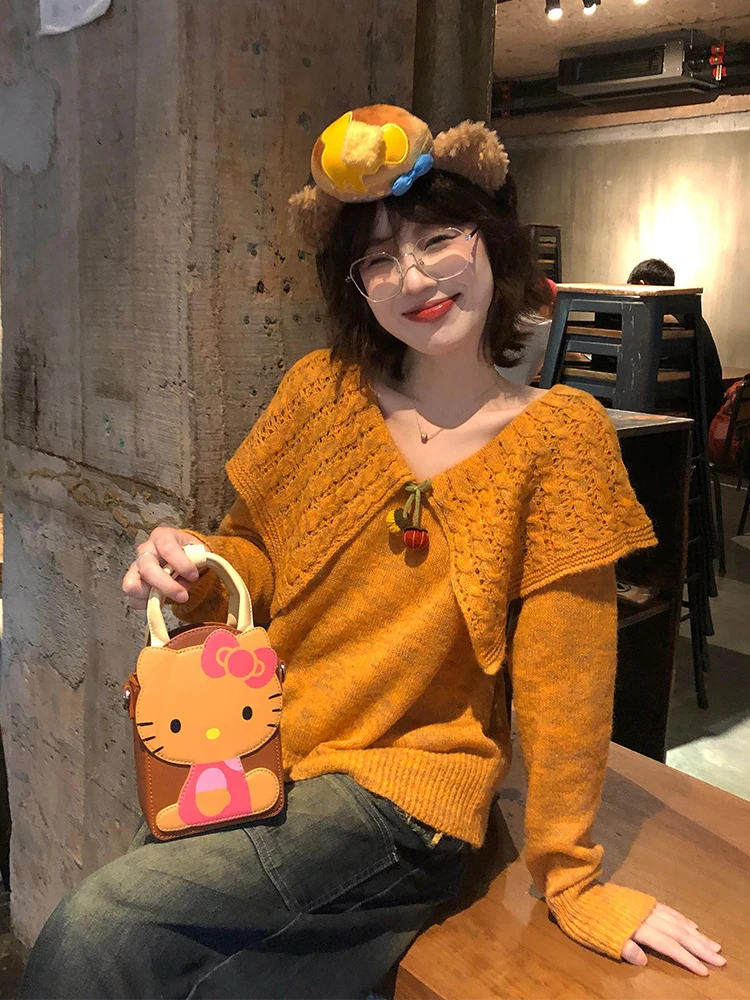 

Корейский вязаный свитер с крупным воротником, свободный, уникальный, модный, для женщин, осень-зима