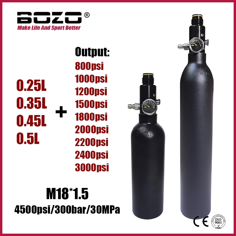 

Compressed Air Tank CO2 Bottle Cylinder 0.25L 0.35L 0.5L 4500psi 30MPa 300bar M18*1.5 With Regulator Output 800psi to 3000psi