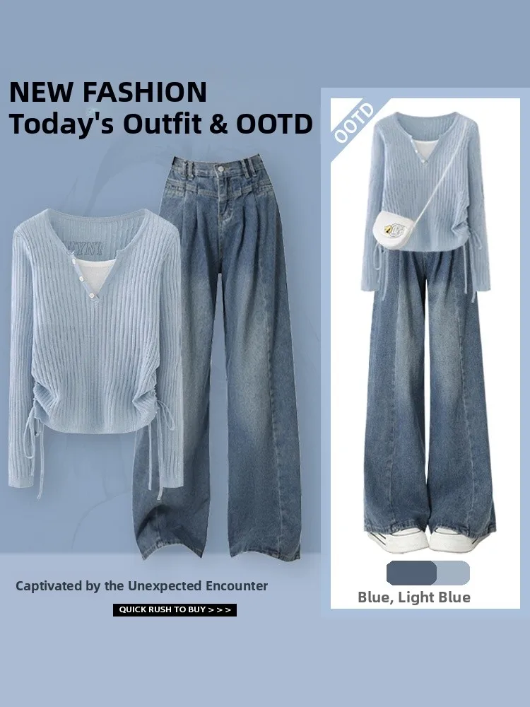 

Fall Fashion Women's High Waist Wide Leg Pants V-Neck Drawstring Top Slimming Denim Two-Piece Set Casual Style Polyester Fiber
