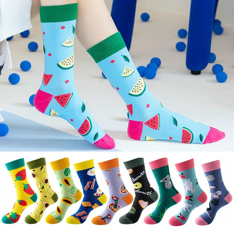 New Good Quality Funny Women Men  Fashion Harajuku Fruit Socks Lovely Art With Avocado Hamburger Food Animal Dog Happy Socks