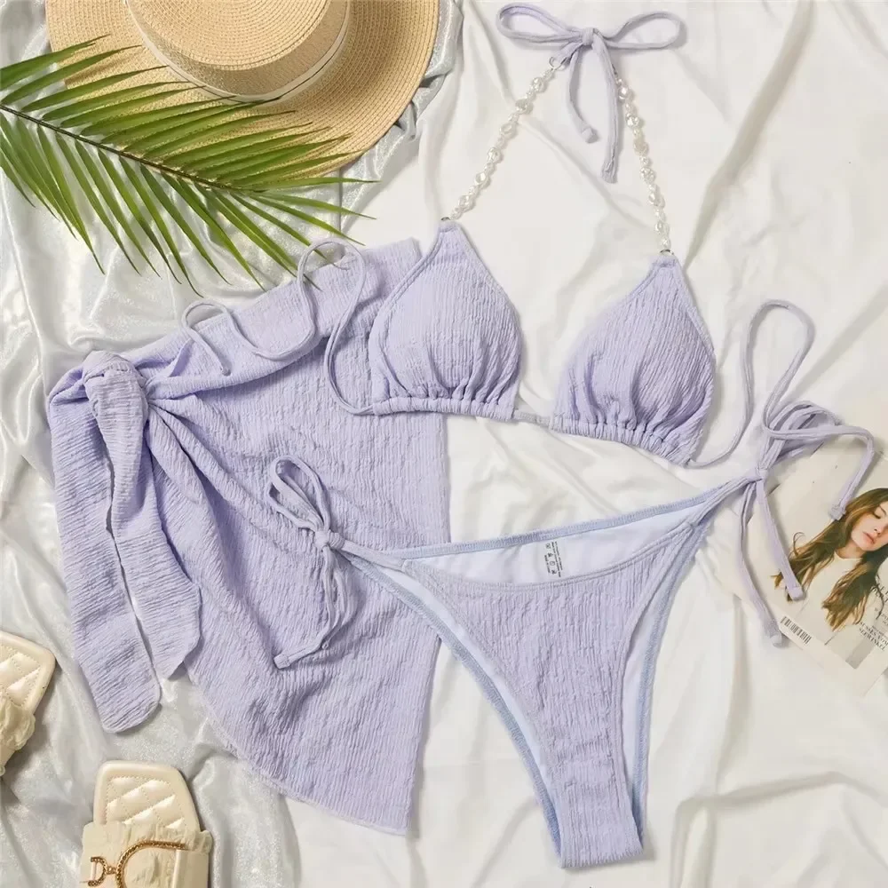 Traje de baño con cuello Halter y cordón de perlas para mujer, conjuntos de Bikinis con cubierta, microtanga de 3 piezas, traje de baño Sexy, traje de baño, Bikini, ropa de playa