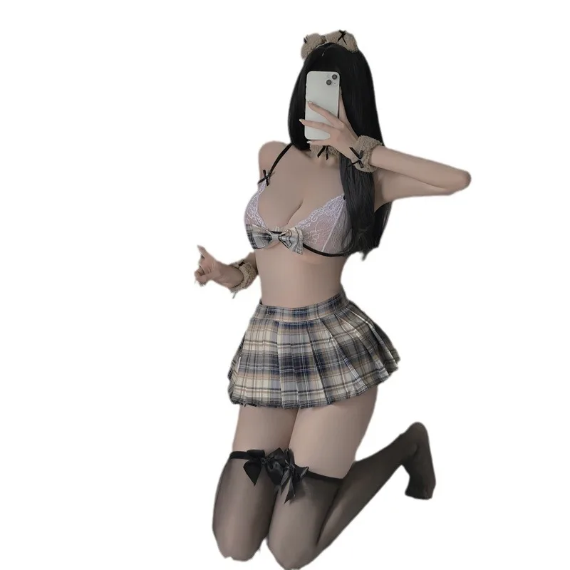 Sexy Dessous für Damen, sexy Studenten-Outfit, Dreipunkt-Gitter, plissiert, kurzer Rock, Spitzen-BH, Schleife, Verzierung, Uniform-Set