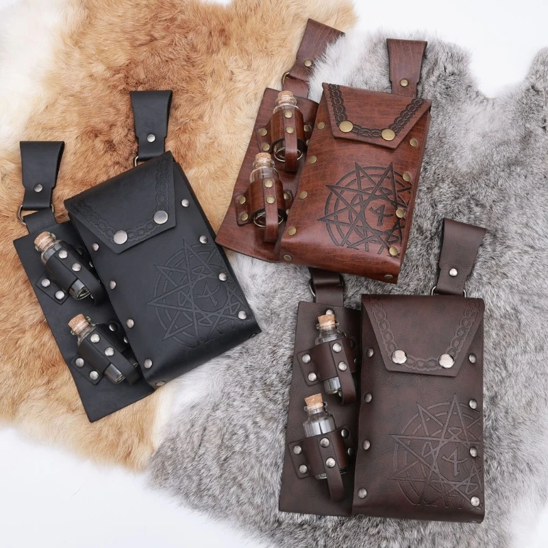 

Medieval Leather Belt Pouches With 2 Bottle Holder Wizard Waist Bag Medieval Leather Side Pack for Halloween Cosplay