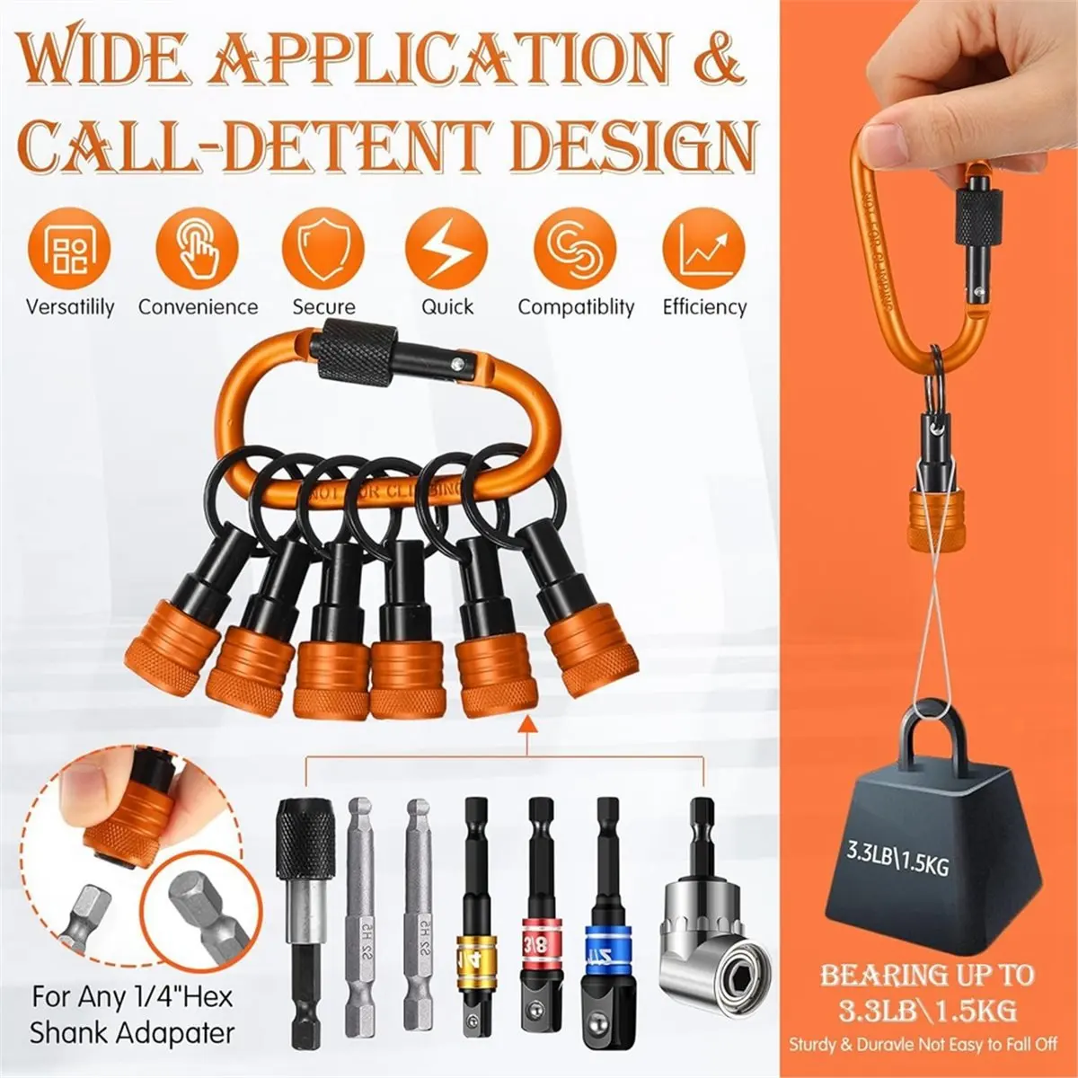

A58Z 18Pcs Bit Holder Keychains,1/4 3/8 1/2in Socket Drill Nut Bit Holders Portable Hex Shank Screwdrivers Adapters and Lock
