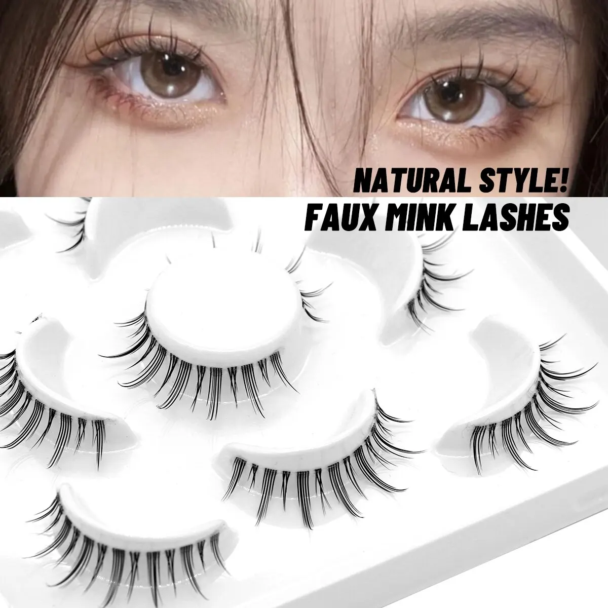 GROINNEYA Manga Lashes Natural Long 5 Pairs Faux Mink Eyelashes Natural Short Full Strip Lashes Clear Band Soft Natural Eyelashe