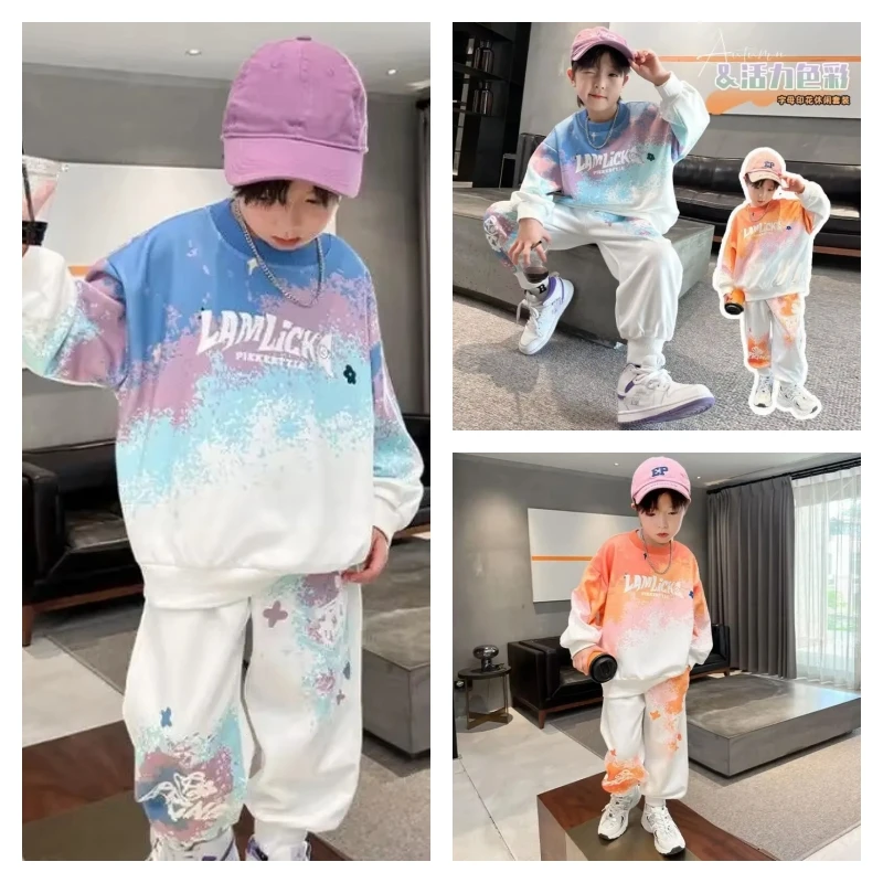 

Лидер продаж, модный пуловер для мальчиков, комплект со штанами, студенческая весенне-осенняя повседневная футболка, топы, длинные штаны, комплект из 2 предметов, детская одежда