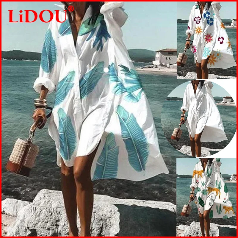 Abiti estivi Casual Casual allentati taglie forti 2022 abito camicia da spiaggia Sexy nuova manica lunga bohemien abiti eleganti da donna