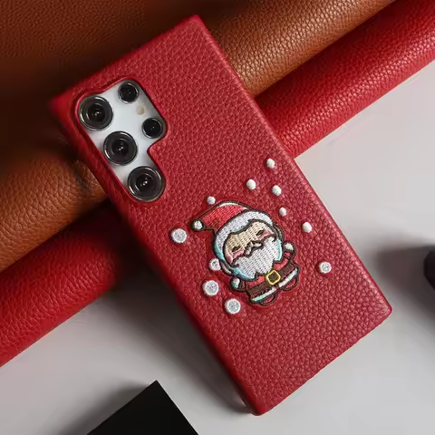 Christmas Santa Claus Embroidered Genuine Leather Phone Case For Samsung Galaxy S24 Ultra S23 S22 S21 S20 Note20 Funda Carcasa