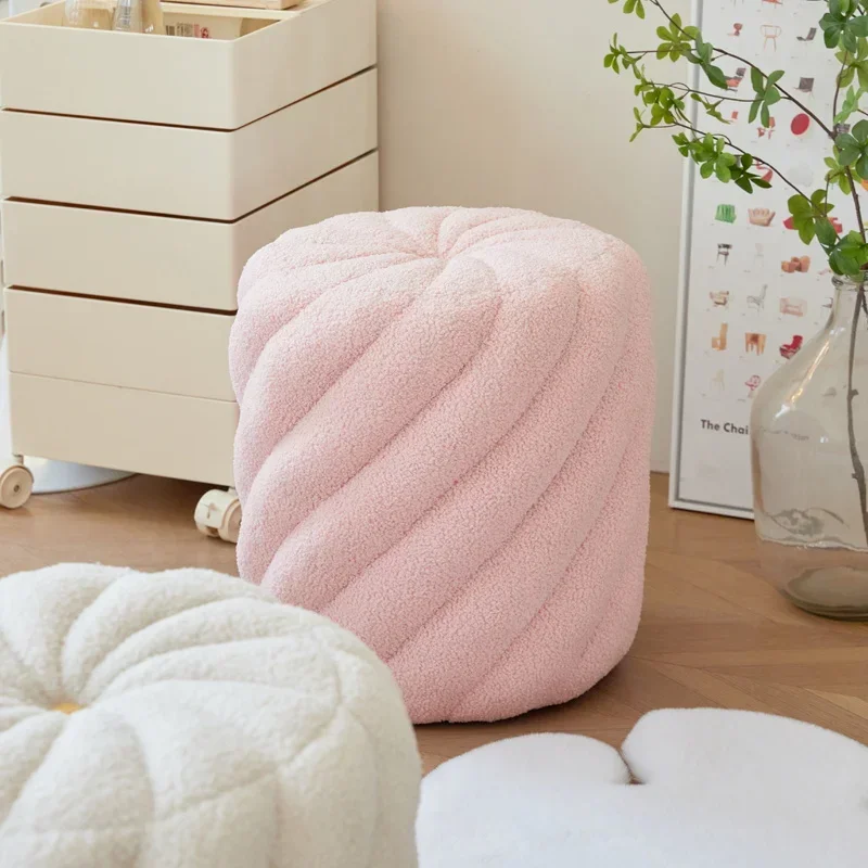 

Lamb Fleece Pink Dressing Stool Cylindrical Sofa Footstool, Solid Wood Seat Skin Friendly Soft Design for Living Room or Bedroom