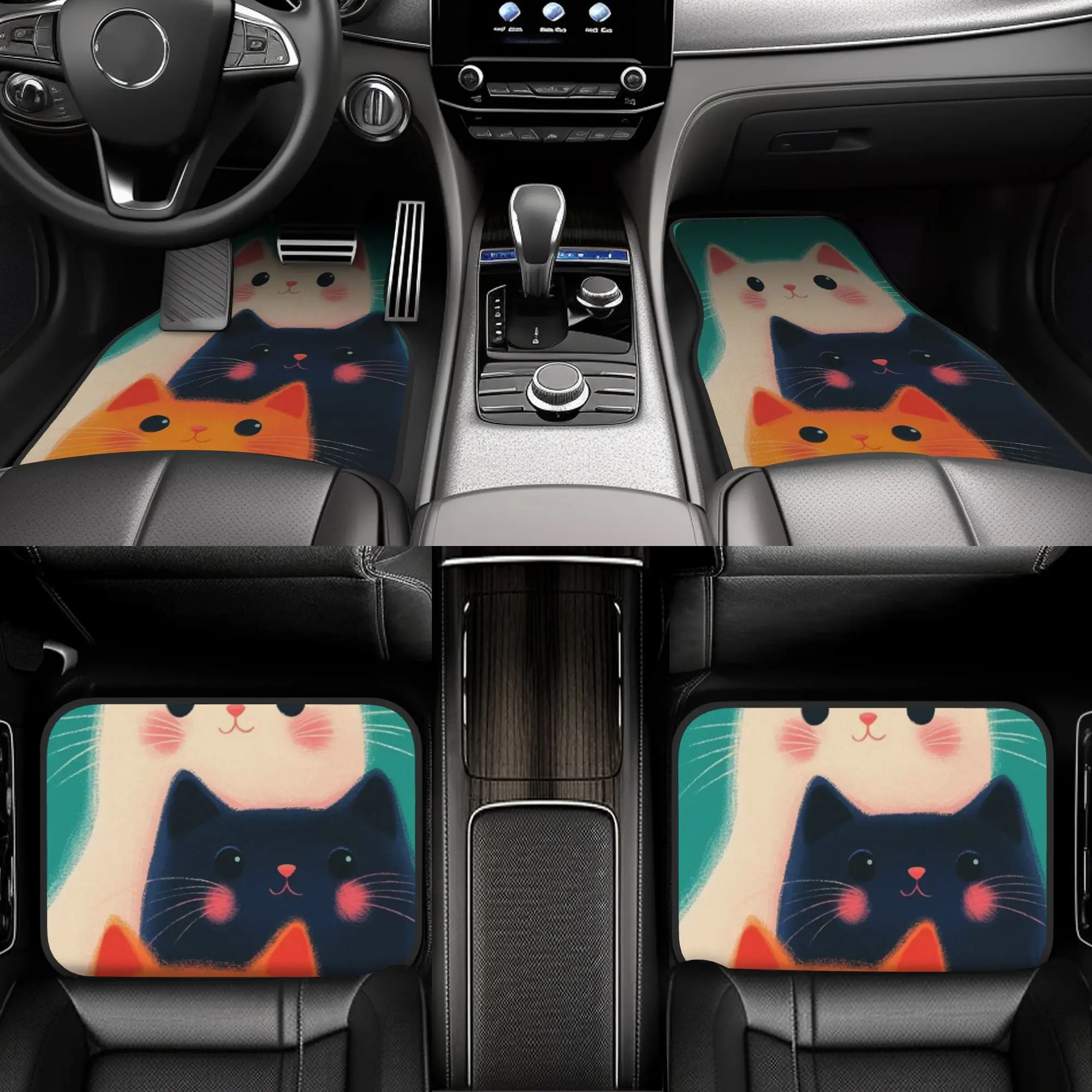 

Набор из 4-х ковриков для пола автомобиля с милыми изображениями кошек - прочный полиэстер, забавный и функциональный дизайн с игривыми рисунками кошек, подходит для всех.