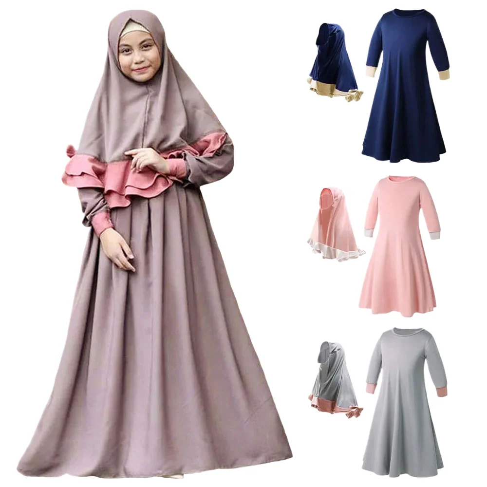 

Islamic Muslim Kids Girls Prayer Dress Burka Kaftan Abaya Ramadan Robe Arab Middle East Clothes 2pcs Set Bow 2 Color Patchwork