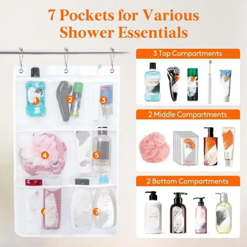 7 Pockets Hanging Shower Organizer with Quick Drying Mesh Portable Space Saving Bathroom Bag Bathroom Toiletries Hanging Bag