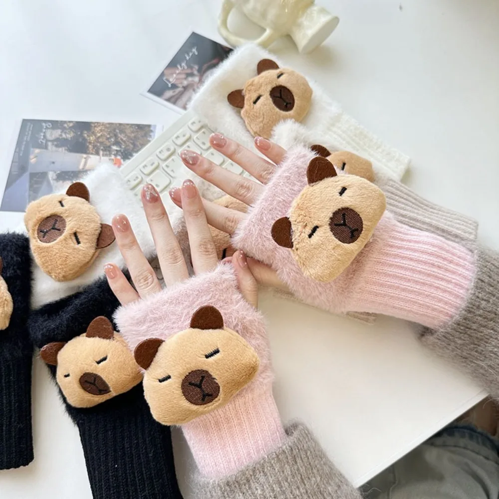 Soft Half Finger Capybara Knitted Gloves Solid Color Keep Warm Plush Gloves Fingerless Windproof Women Mittens Male