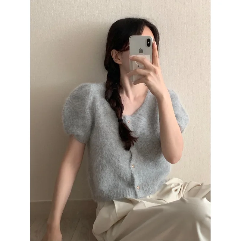 

Chic Autumn Gentle Single Button Bubble ort Sve Knitted Sweater Women Sweet Anti Aging Cardigan Korean Sle Spring Autu...