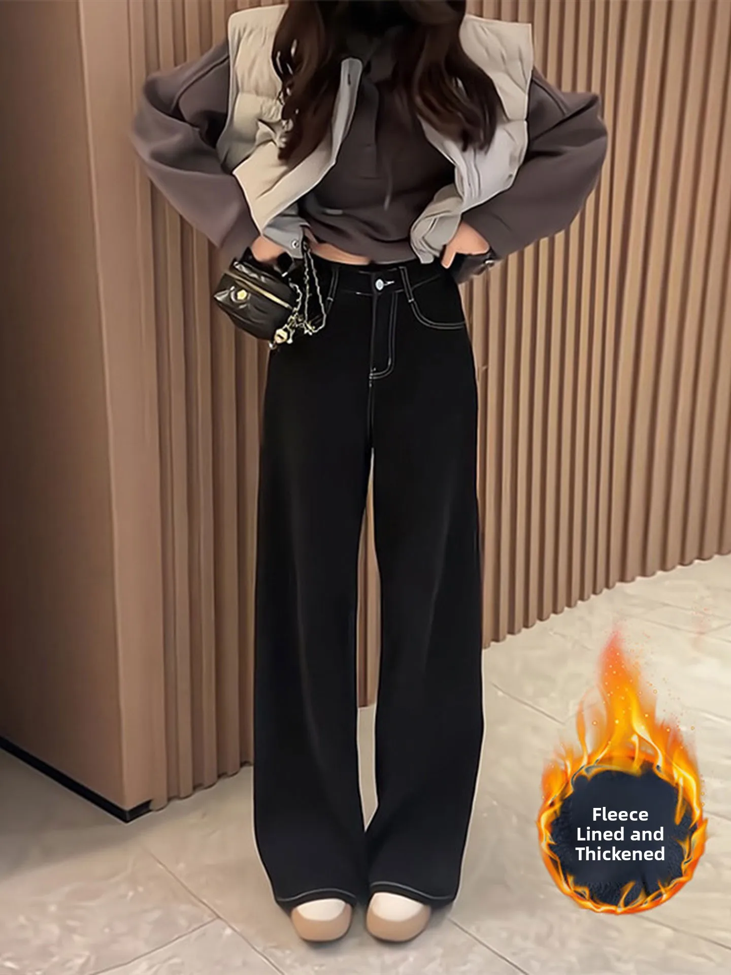 

Джинсы с высокой талией и расклешенными штанинами для женщин, осенне-зимние, утепленные флисом, широкие, свободного кроя, больших размеров, короткие женские джинсы