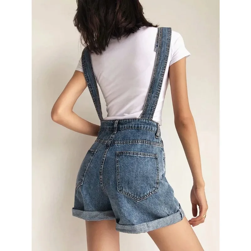 2024 Summer Korean Student Versatile Denim Backstrap Shorts Women Wide Leg Playsuits Loose Rolled Rompers Girl Jumpsuit Overalls