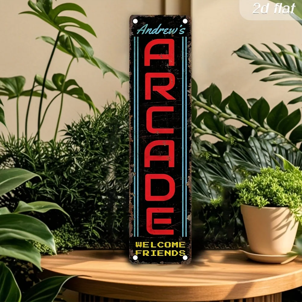Panneau de bienvenue vintage 2D plat, 1 pièce - Décoration murale en aluminium 40 cm x 10 cm avec design néon 'ARCADE', parfait pour l'intérieur