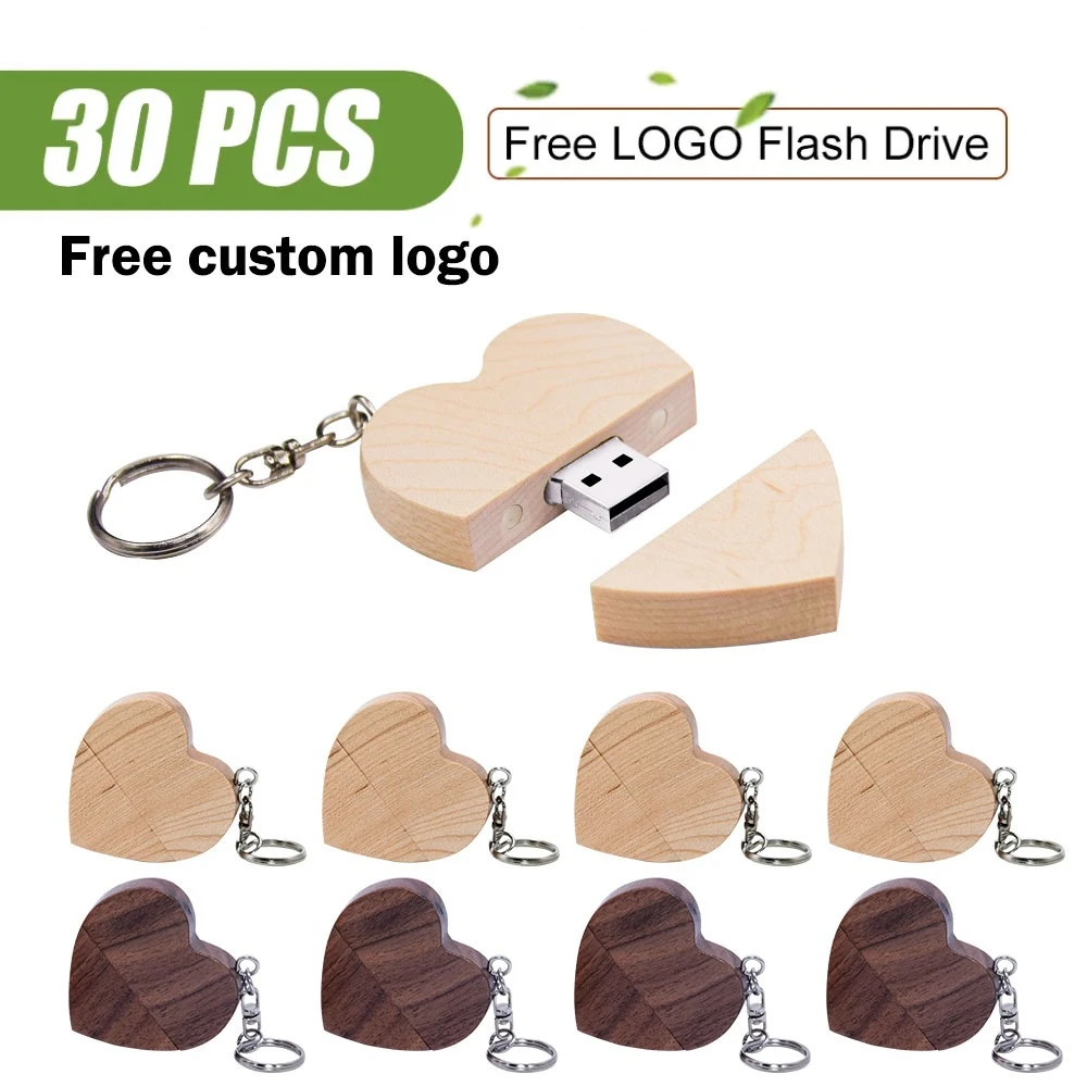 30pcs/lot Flash Drive Usb 2.0 Wooden/Maple Pendrive 4GB 8GB16GB 32GB 64GB Free Logo for Photography Heart Shape Wedding Gift