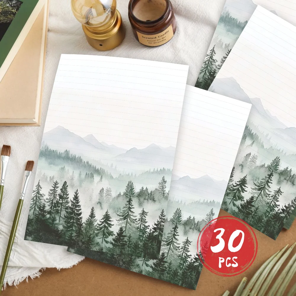 30 Sheets, B5 Misty Forest, Theme Writing Paper, Lined, No Glue, Very Suitable For Notebooks, Memos, And Stickers