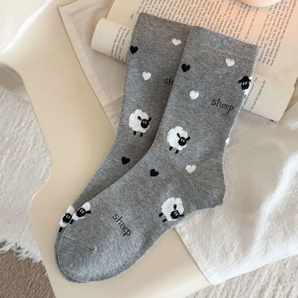 4Pairs Funny Bowknot Cartoon Sheep Socks Breathable Cute Short Tube Socks Letter Hosiery Mid-Calf Socks Students