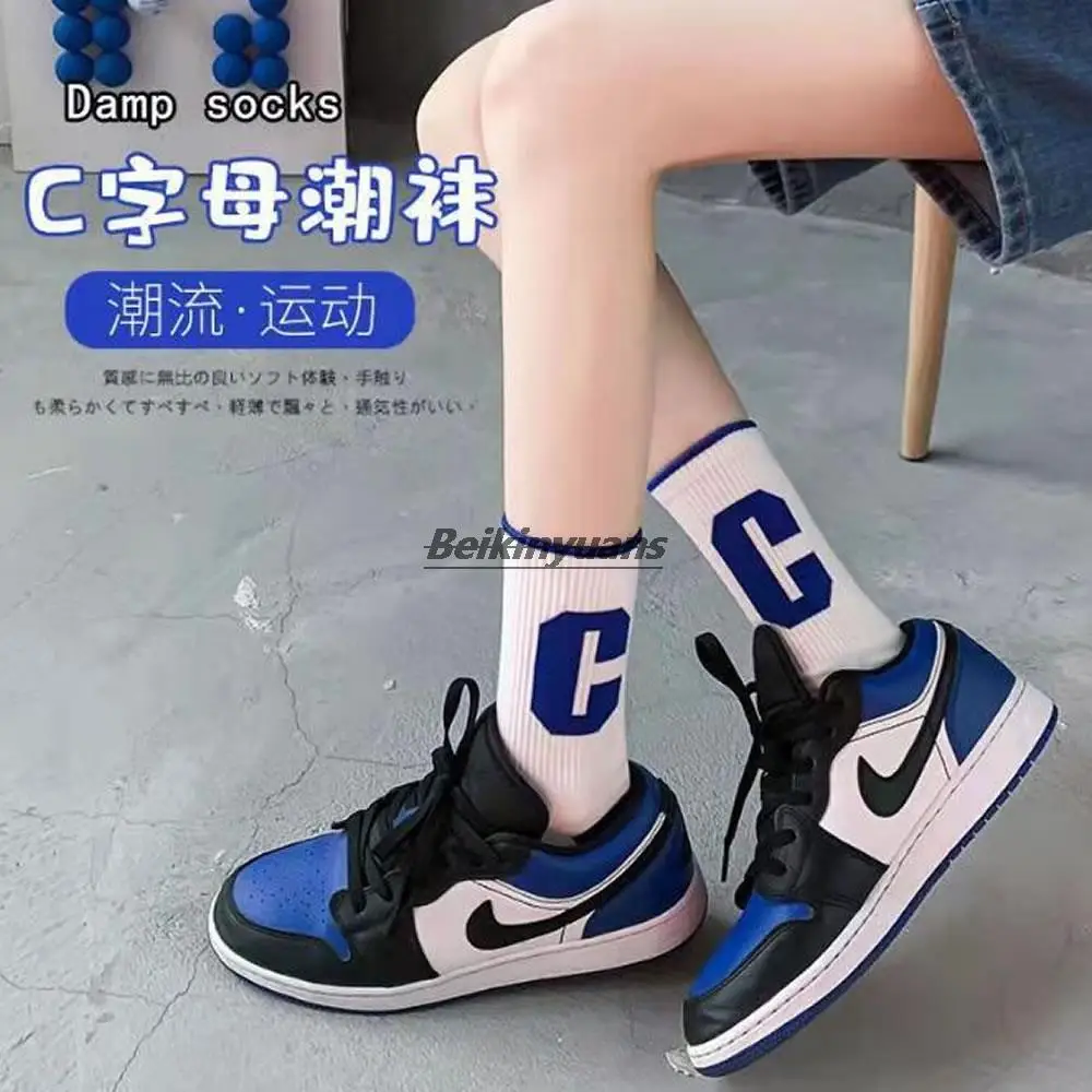 

Checked socks women's socks Klein blue letter big C outside wearing stockings spring and summer Korean cotton colored socks