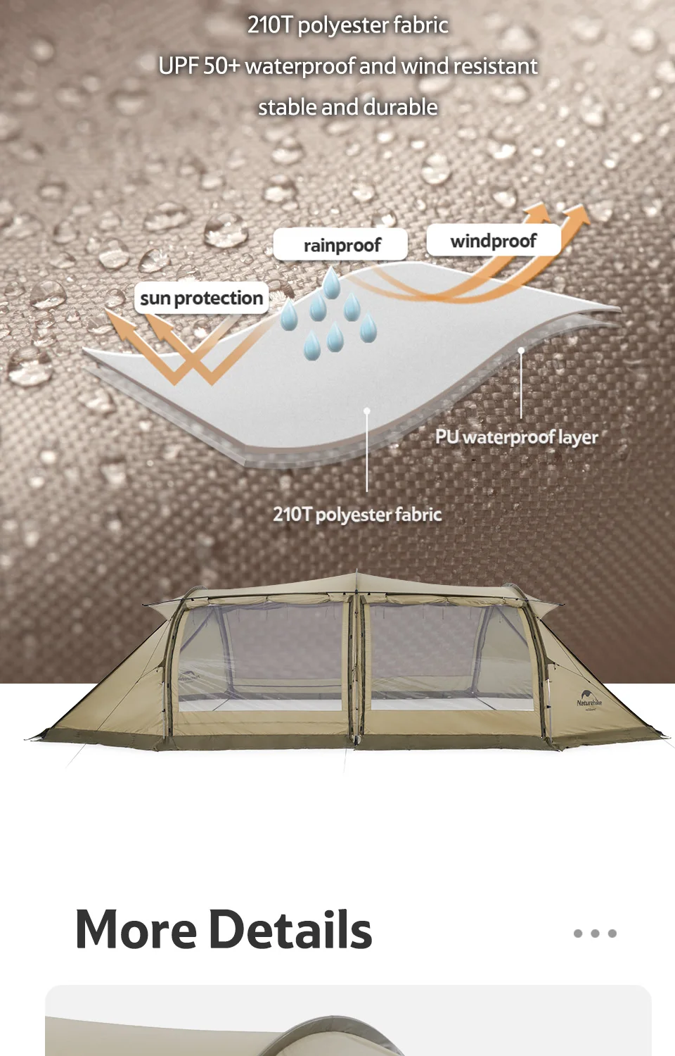 Naturehike Widder-Tunnelzelt, Camping, Outdoor, für 4–6 Personen, großes Raumzelt, 4-Jahreszeiten-Zelt, erweitertes Zelt, Familien-Reisezelt, wasserdicht – Detail 5