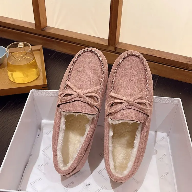 Casual Woman Shoe Loafers With Fur Shallow Mouth Female Footwear Modis Round Toe Bow-Knot Slip-on Winter Moccasin Dress 2022 Big