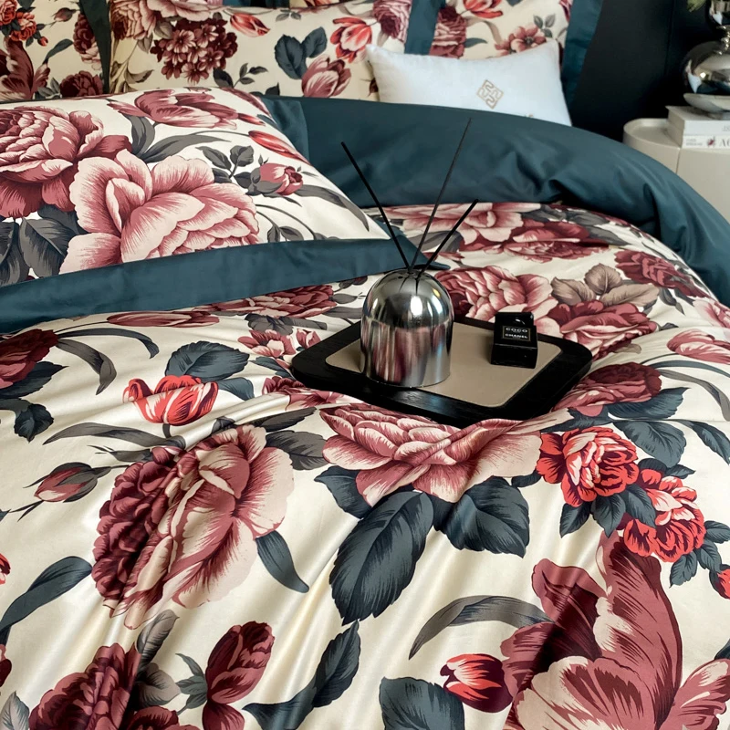 Flower Digital Printing Cotton Bedding Set Duvet Cover Linen Fitted Sheet Pillowcases Home Textile