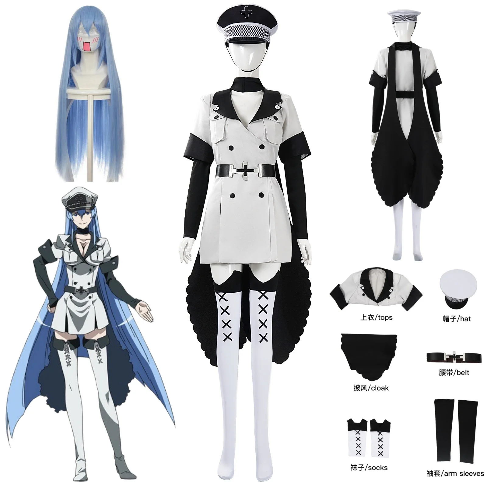 Disfraz de Esdeath, peluca de Anime Esdese para hombre y mujer, traje para fiesta de Navidad y Halloween