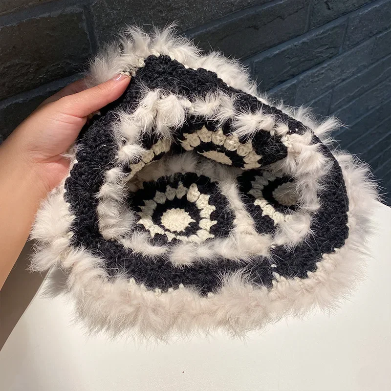 Women Winter Beanies Crochet Knit Real Rabbit Fur Panama Hats Foldable Luxury Furry Bucket Hat for Women Female Fisherman Hat