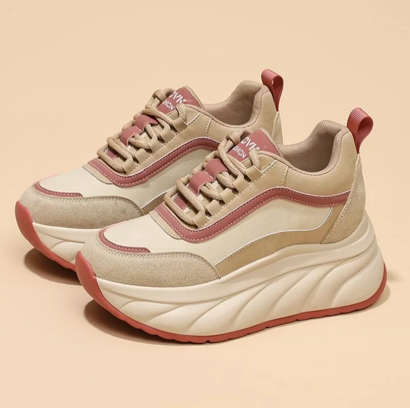 

8cm Platform Sneakers for Women Walking Shoes Chunky Sneakers Genuine Leather Comfy Women Casual Shoes Platform Heel