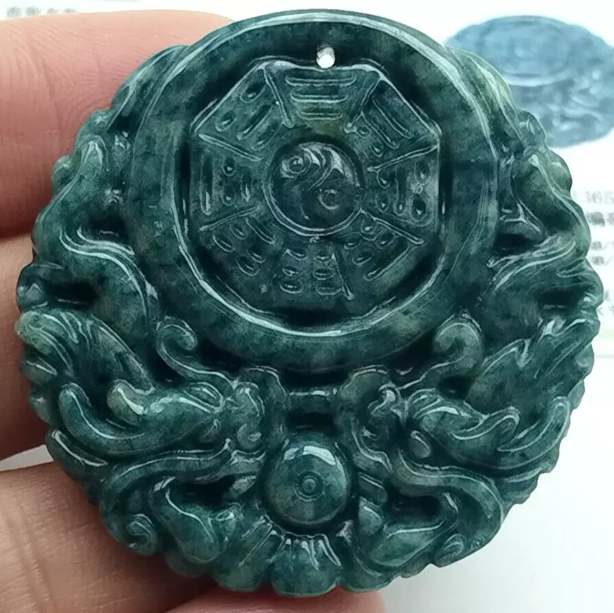 

Certified Green Natural Type A Jadeite 8 Eight Diagram Feng Shui Dragon Pendant