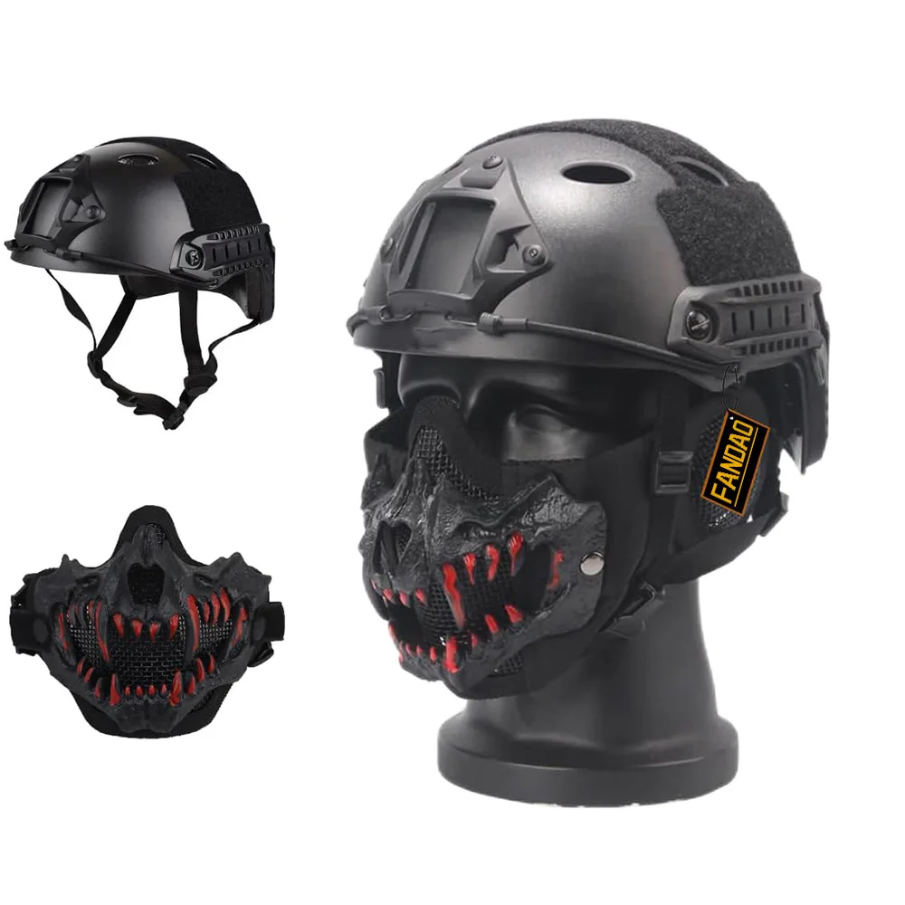 Kask Airsoft w stylu PJ, Airsoft pół twarzy maski z czaszką taktyczna ochrona twarzy MeshMask, na Halloween Cosplay Paintball gry CS