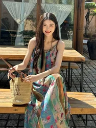 Summer Floral Tie Dye Halter Dress Women's Large Size Retro Yunnan Travel Long Skirt New 2024 Vacation Style Loose Waist