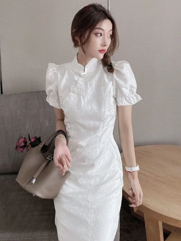 Dresses Women Puff Sleeve Creativity Simple Chinese Style All-match Ladies Vintage Classic Solid Personality Popular Cozy New