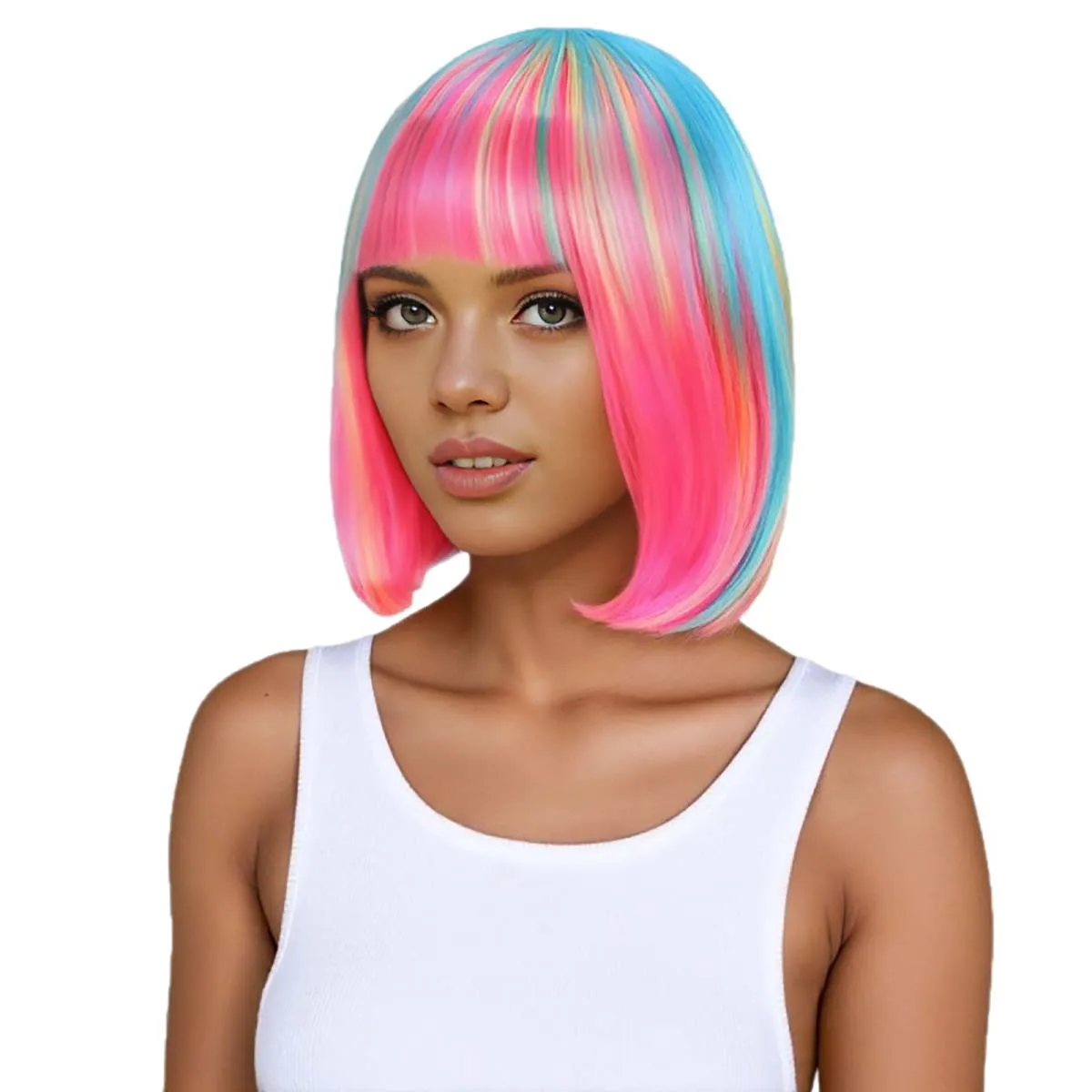 Halloween Cosplay Regenbogenfarbene synthetische Bob-Perücke für tägliche Versammlungen