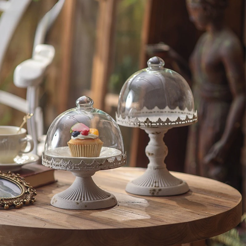 

French Vintage Romantic Dessert Tray with Transparent Cake Cover Decorative Tray for Cakes Table Top Items Wedding Decorations