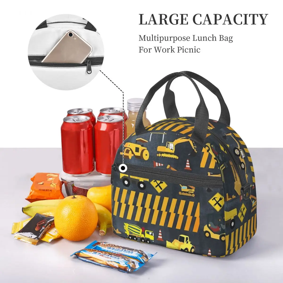 Construction Trucks Heavy Machinery Kids Boy Insulated Lunch Bag for School Picnic Storage Food Boxes Cooler Thermal Lunch Tote