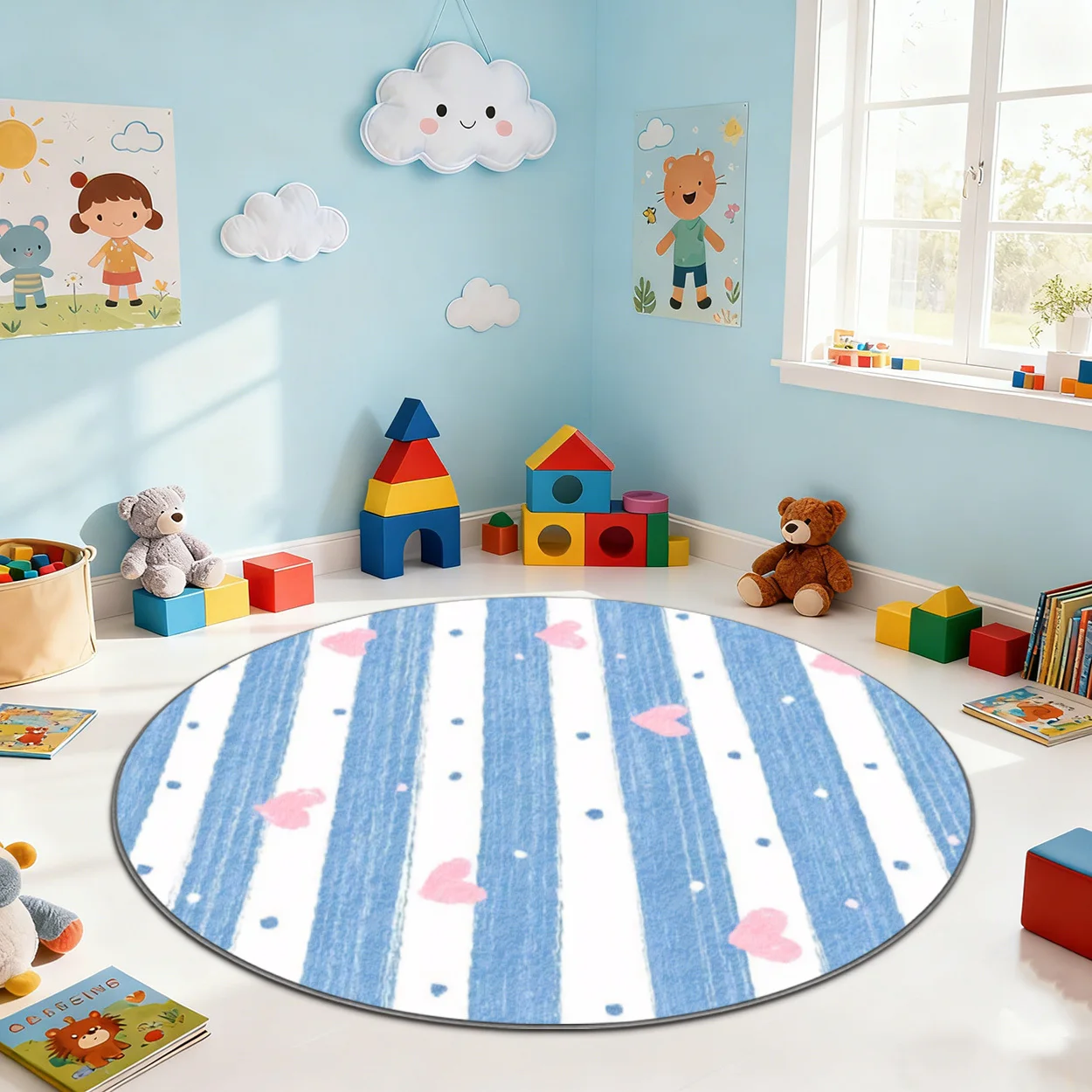2d Printed Blue White Striped Pink Heart Round Area Rug Non Slip Floor Mat For Modern Nursery Room Decor Gift