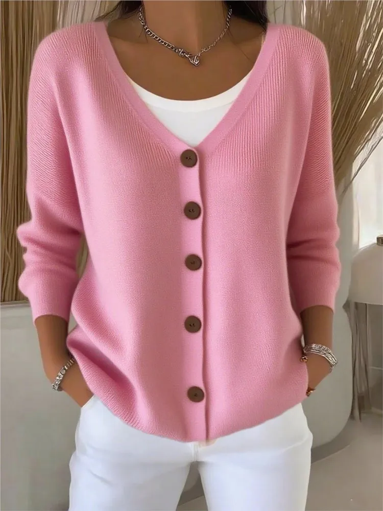 

Autumn Winter Fashion Button Knitted Sweater Woman Casual Loose Solid Color V-neck Long Sleeved Cardigan Sweater For Women 2025