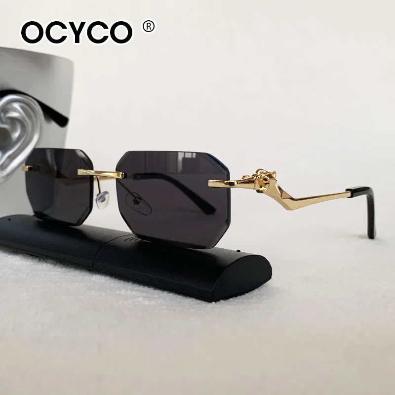 OCYCO Fashion Rimless Sunglasses Men Trendy Vintage Cheetah Head Alloy Frameless Eyeglasses For Man Luxury Driving Sun Glasses