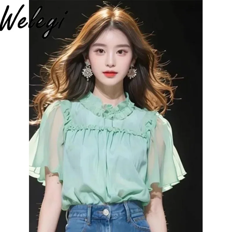 

American Retro High End Fashion Cute Tops Womens Clothing 2024 Summer New Cutecore Casual Mint Green Chiffon Short Sleeve Blouse