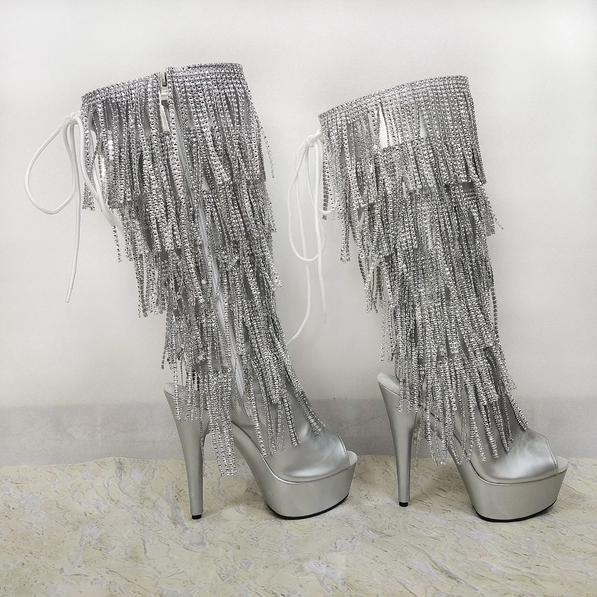 Mid-Calf Silver Exotic 6Inch Peep Toe Fringe strips Thigh High Boots Pole Dance Shoes Big Size Women Gothic Gladiator Rhinestone