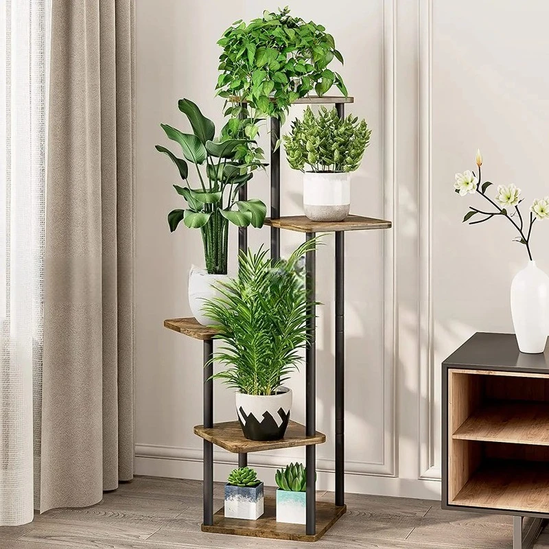 

‌Metal Plant Stand - Geometric Multi-Tier Shelf, Iron Wood Planter Holder for Patio Balcony Living Room, Detachable Decor