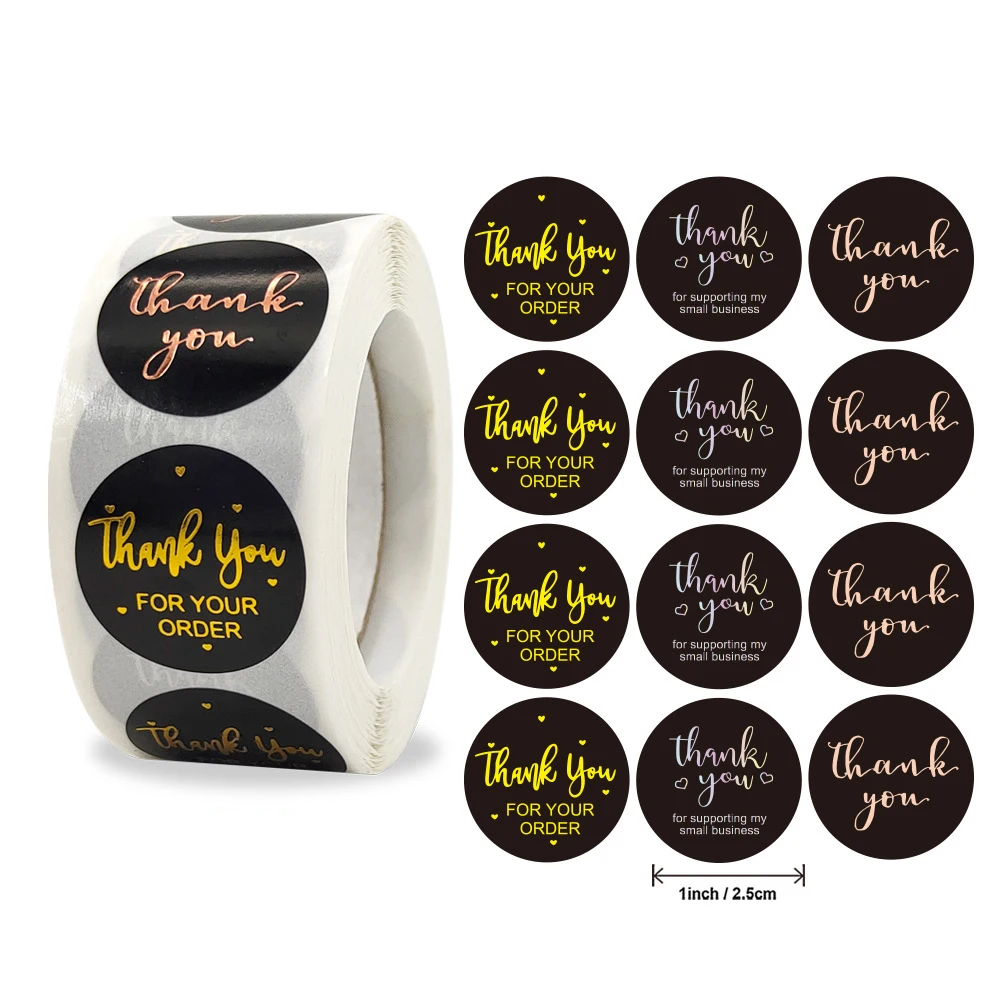 Stiker Terima kasih 100-500 buah, stiker alat tulis Label segel kemasan kue hitam bulat bisnis Label kertas