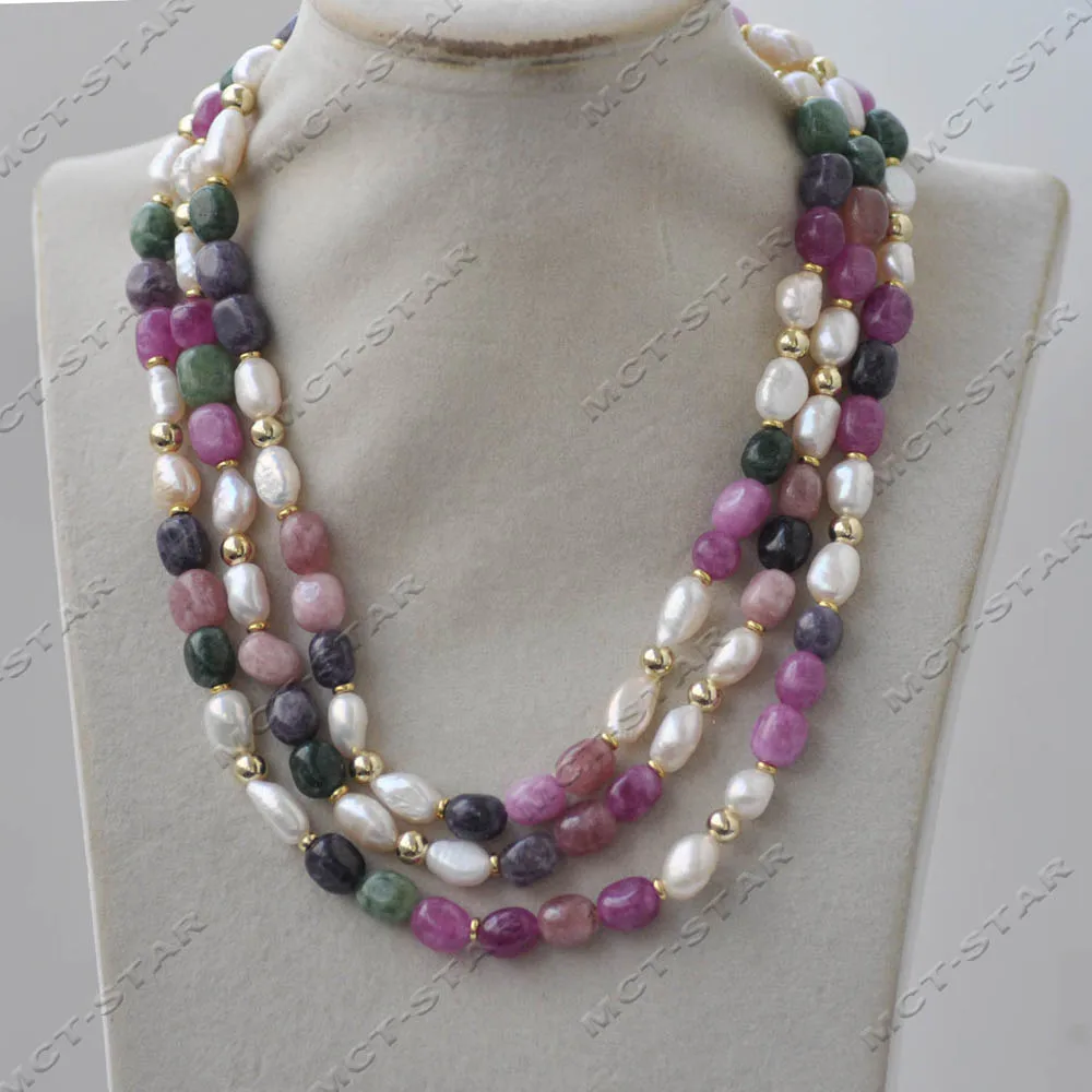 MCT·STAR 50'' Natural Baroque Multicolor Tourmaline White Pearl Necklace CZ Custom Jewelry（Z13984）