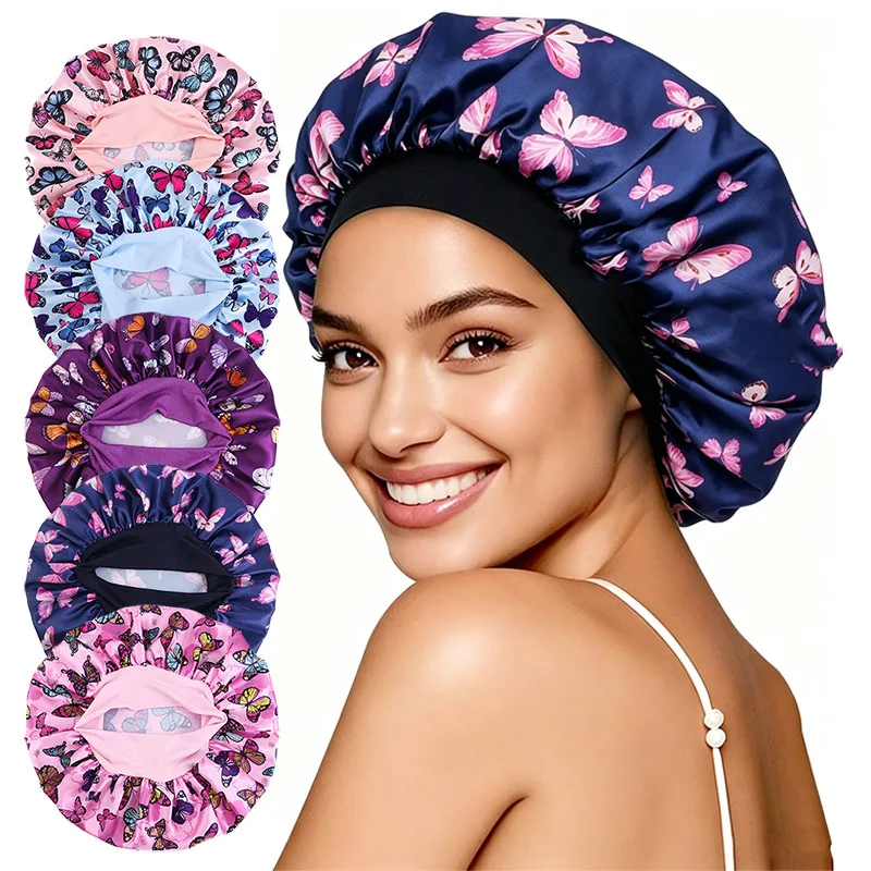 

10 Pcs New Printing Butterfly Women Satin Bonnet Night Sleep Cap Hair Care Night Shower Cap Adjustable Hair Head Cover