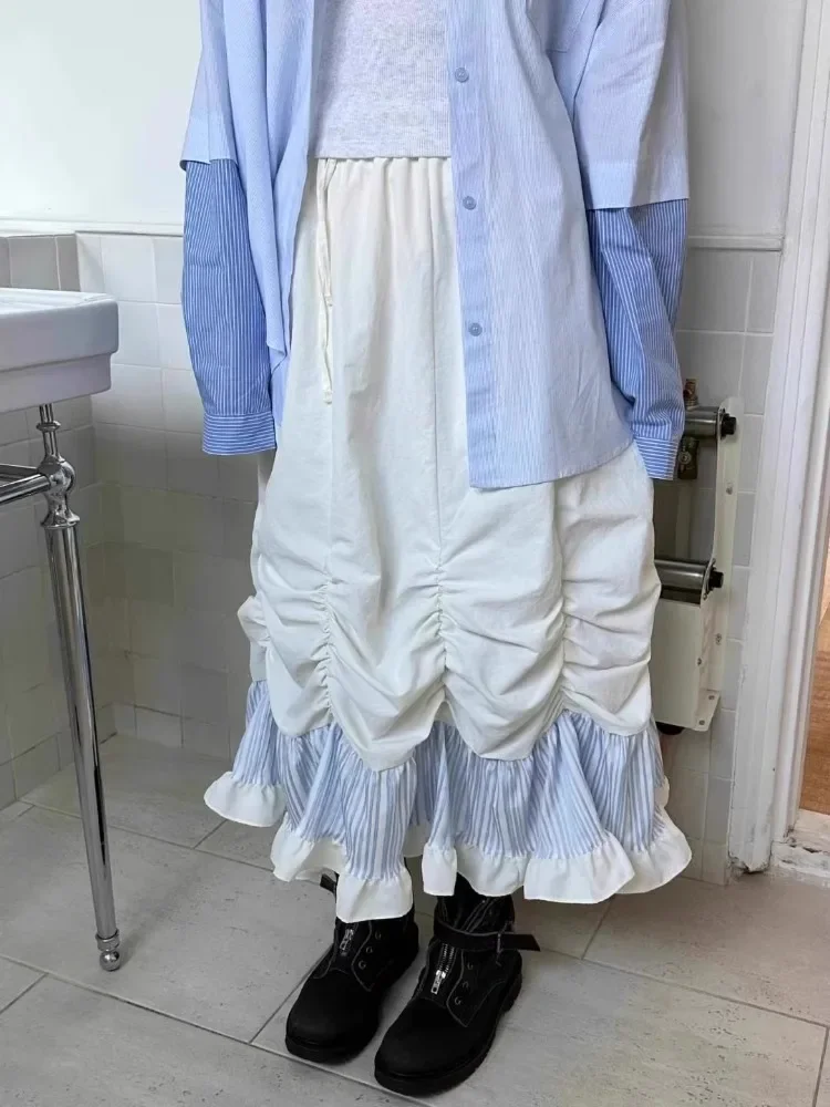 

Korean Ruched Patchwork Striped Skirts All-match Elastic Waist Skirt for Women 2025 New Mid-length Loose Faldas Mujer
