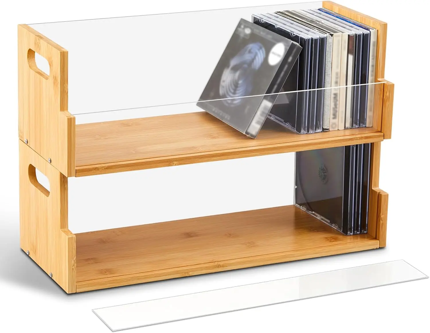 

2 Set Wooden CD Storage Box Holder Shelf Bamboo&Acrylic Visible Display Racks with Carrying Handles, Cassette Tape Organizer She